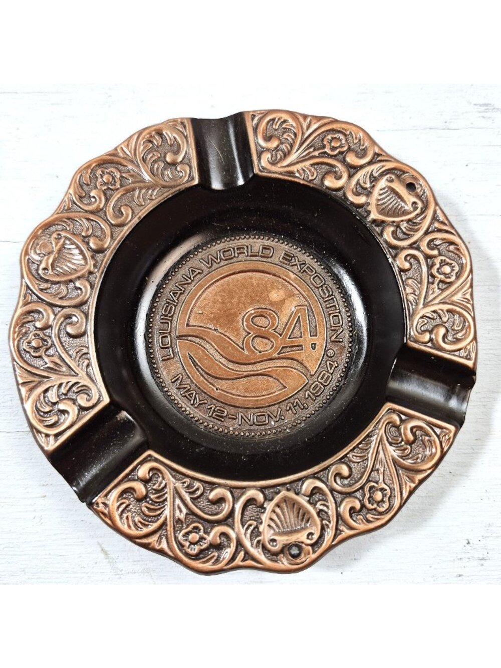 1984 World's Fair Ashtray New Orleans La Copper Tone Metal Vintage USA